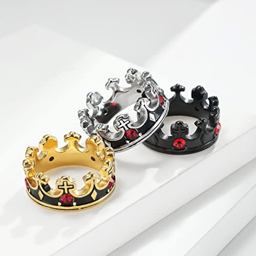 Mens Womens Stainless Steel Vintage Royal King Crown Ring Cross Band Ruby Black Gemstone - color: Gold