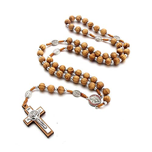 COLORFUL BLING Natural Wooden Catholic Rosaries Wood Crucifix Prayer Beads Pendant Necklace Prayer Jesus Religious Cross Rosary Necklace Handmade Jewelry - color: round silver