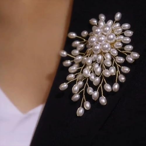 Large White Oval Pearl Floral Beads Brooches Pin for Women Statement Dainty