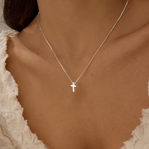 Cross Necklace for Women, Dainty 14K Gold Plated Cross Pendant Simple Long Necklaces for Women, Christian Faith Necklace Trendy Gold Jewelry Gifts for Easter - color: silver small cross necklace