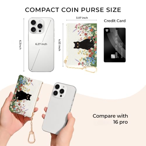 Black Cat Floral Keychain Coin Purse for Women Small Change Pouch - color: Black Cat and Flower
