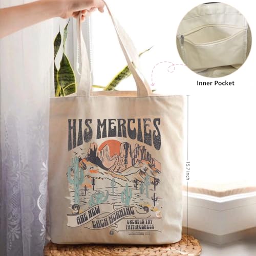 Canvas Christian Tote Bags Bible Canvas Bag Faith Friend Birthday Christian Gifts Graphic Totes Sunday Church Bag - color: 13 His Mercies
