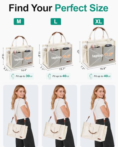 FIORETTO Womens Canvas Tote Bag Purse with Individual Compartment, Zipper Top, Reinforced Bottom & Luggage Sleeve - color: Ivory White, size: Medium