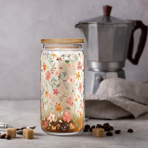 Floral Iced Glass Cups with Bamboo Lids and Straws 16oz Wildflower Coffee Cup Gift for Women Cute Flower Drinking Glass with Cleaning Brushes, Flower Gifts for Mother 's Day Birthday Bridesmaid Party