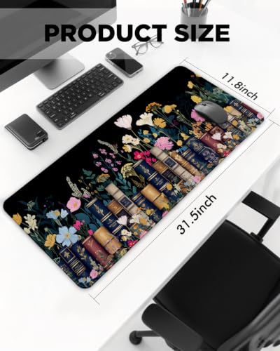 Mouse Pad, Desk Mat, 31.5x11.8in Large Mousepad, Books & Flowers - color: Books & Flowers