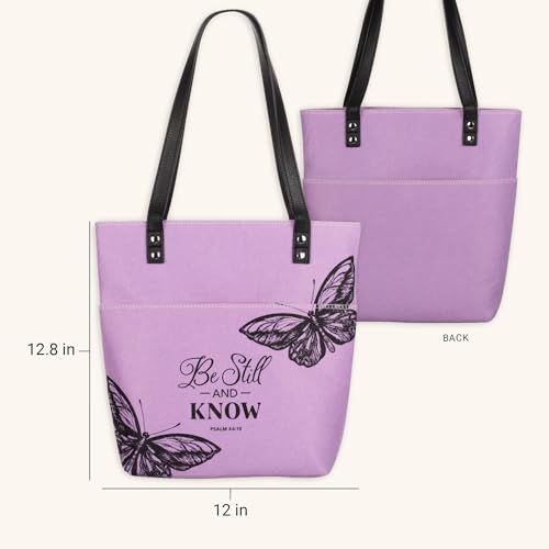 Christian Art Gifts Felt and Faux Leather Fashion Butterfly Cover Tote Bag for Women: Be Still and Know - Psalm 46:10 Inspirational Bible Verse, Purple & Black Durable Tote Bag for Books and Supplies - color: Butterfly Purple/Be Still