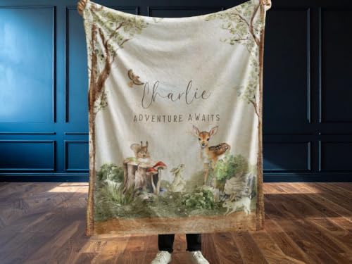 Custom Woodland Blanket, Personalized Baby Crib Throw, Toddler Birthday Gift, Adventure Awaits Theme - color: Forest Blanket #9