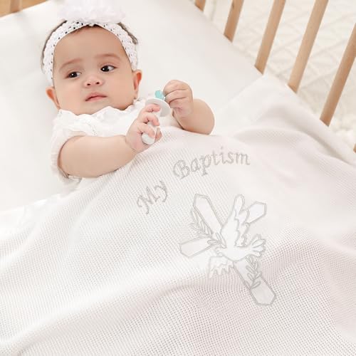 Cotton Knit Baptism & Christening Blanket, Embroidered Cross 40"x31" - color: Bapatism Satin Trim Blanket