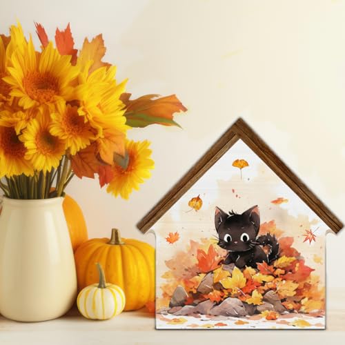 Cute Fall Decor, Black Cat Maple Leaves House Shaped Wood Sign - color: Cat