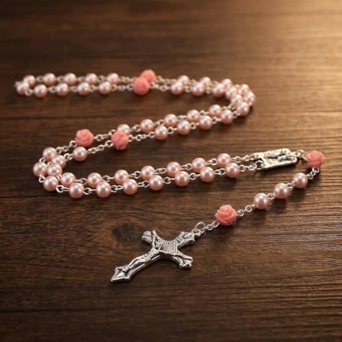 Nazareth Store Pink Pearl Catholic Rosary Necklace with 6mm Glass Beads Rose Mystery Our Lady of Lourdes Medal 1.6 Inch Crucifix 17 Inch