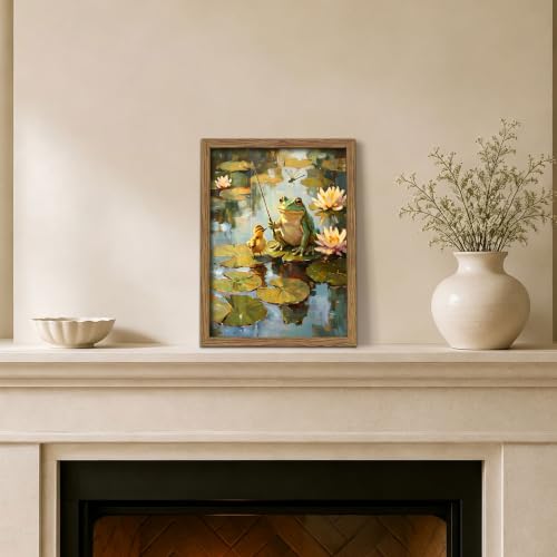 Cute Frog Fishing Wall Art Framed Canvas Print, Frog and Duckling Pond Poster Painting Picture, Woodland Nursery Bathroom Animal Wall Decor Oil Painting for Kids Bedroom Playroom Home 12x16 Inch - color: A-Green Frog, size: 16"L x 12"W