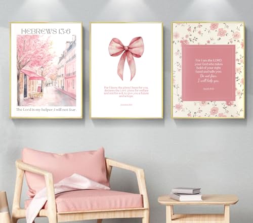 RERNIE 3Pcs Christian Wall Art Bible Prints Girls Room Paintings Bible Verse Posters with Pink Flowers and Bows Design Gallery Pictures Religious Bedroom Decor 12x16 Inch Unframed - color: Pink bow, size: 12x16 inch