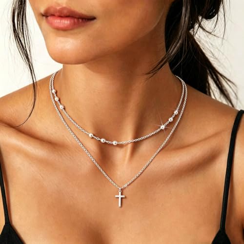 Sterling Silver Plated Cross Necklace 14K Gold Layered Beads Necklace Chain Waterproof Trendy Jewelry for Women - color: Silver