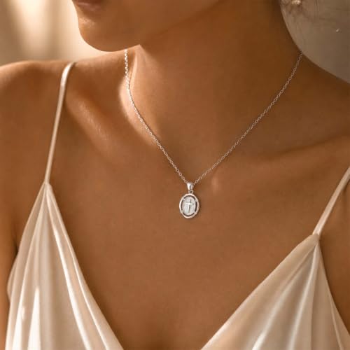 Bheop Cross Necklace for Women, 14K Gold Silver Enamel Pendant Necklace - color: Silver