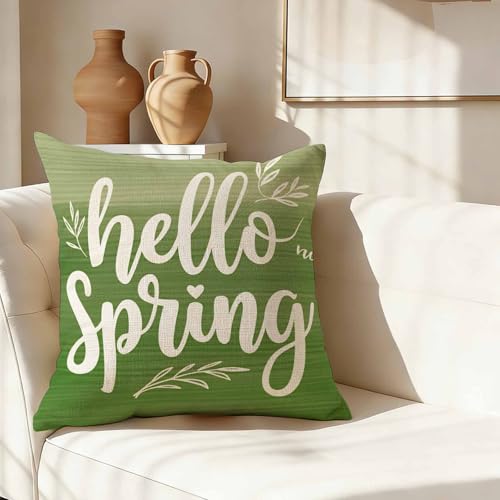 Inspirational Spring Quote Throw Pillow Cover,Hello Spring White Leaves Green Background Decorative Pillow Case,Botanical Leaf Cotton Linen Cushion Case for Home Decor 18 * 18 Inch - color: Settype08