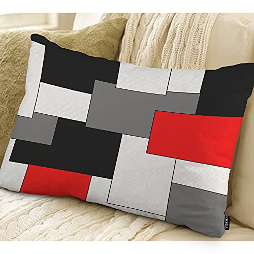 EKOBLA Paneling Pattern Pillow Cover Geometric Rectangular Block Red Black Waist Lumbar Cotton Linen Cushion Cover Oblong Rectangle Pillowcase for Men Women Home Decoration Bedroom 12x20 Inches - color: Multi-bs13