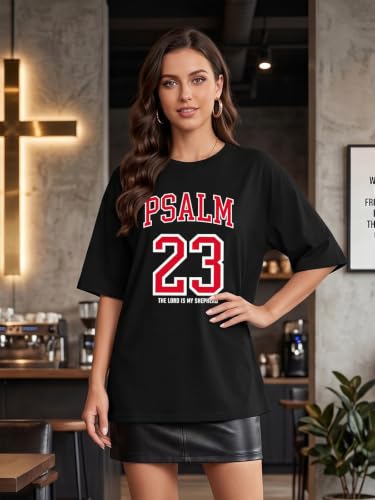 Tewmeu Christian Shirts for Women Oversized Psalm 23 Faith Bible Verse Tee - color: Black, size: Small