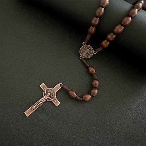 Bovemee Saint Benedict Medal Prayer Pocket Rosary Catholic Brown Wood Beads with Medalla de san benitol and Crucifix, 9 Inch - color: Brown Benedict NK