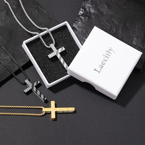 Cross Necklace for Men Black Gold Silver American Flag Pendant Chain Bible Verse Stainless Steel Necklaces Mens Stocking Stuffers for Christmas Christian Gifts - color: black, style: 1:37-