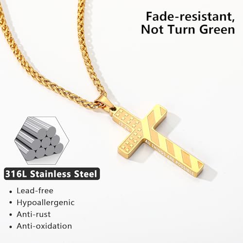 Cross Necklace for Men, 316L Stainless Steel American Flag Bible Verse Christmas Christian Catholic Baptism Confirmation Gifts 22+2 Inches - color: Gold, style: 19:26 All THINGS ARE POSSIBLE