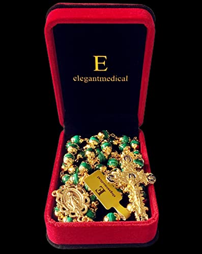 elegantmedical HANDMADE UNDOUBTED Malachite GOLD Rosary Prayer Beads Necklace Catholic Gift & Box
