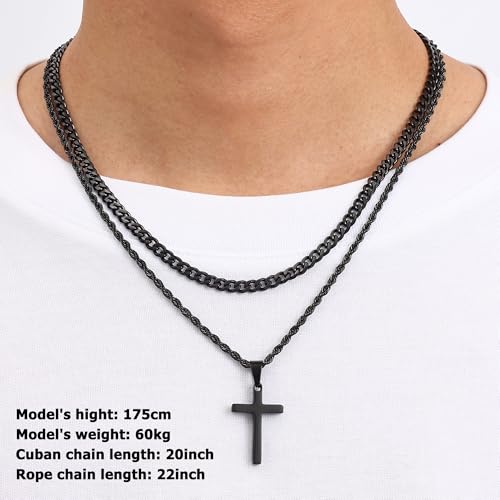 Fiusem 2 Pcs Cross Necklace Chain for Men and Women, Layered Mens Cross Necklaces Stainless Steel Pendant Cuban Link Rope Chain 16-26 Inch, Jewelry Gift - size: 18in/20in, style: Rope & Cuban Small Black Cross (1.2" * 0.7")
