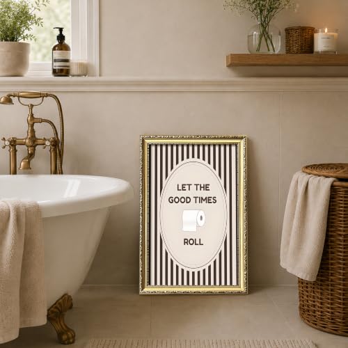 Vintage Gold Framed Fun Bathroom Wall Decor, Let The Good Times Roll Toilet Paper Canvas Wall Art, Humorous Black and White Stripe Restroom Print Picture Poster for Guest Bathroom Home 16x24 Inch - color: A-Bathroom, size: 24"L x 16"W