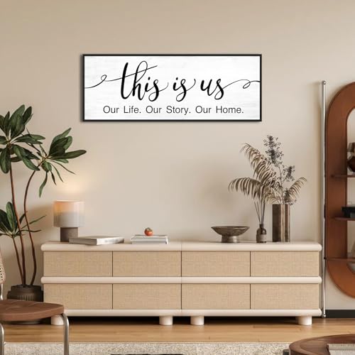 This is Us Wall Decor: 40x15 Inch Farmhouse Canvas Print Framed Family Sign for Living Room,Modern Minimalist Art with Quote Our Life Our Story Our Home Master Bedroom Wall Decor - color: This is Us Our Life Our Story Our Home, size: 40"×15"
