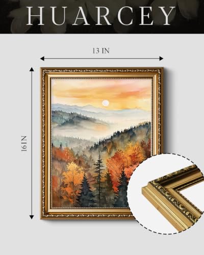 HUARCEY Fall Mountain Forest Vintage Gold Framed Canvas Wall Art - color: Silent Forest, size: 16"L x 13"W
