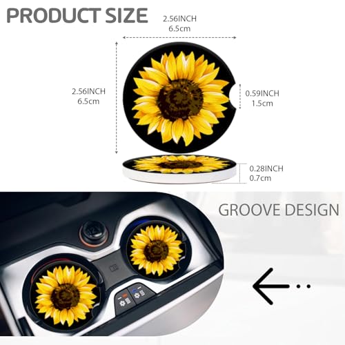 Cup Holder for Car,Elegant Sunflower Close-Up Print Ceramic Coasters Non-Slip Cup Holder Insert with Fingertip Grip, Auto Interior Accessories for Women & Men,Pack of 2, 2.56In - color: Elegant Sunflower Pattern