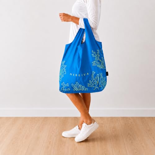 55 Pound Reusable Shopping Bag - Folds into a Small Pouch - Washable Reusable Grocery Bag, Durable & Stylish with handles for Easy Shoulder or Hand Carry - color: Ocean Blue