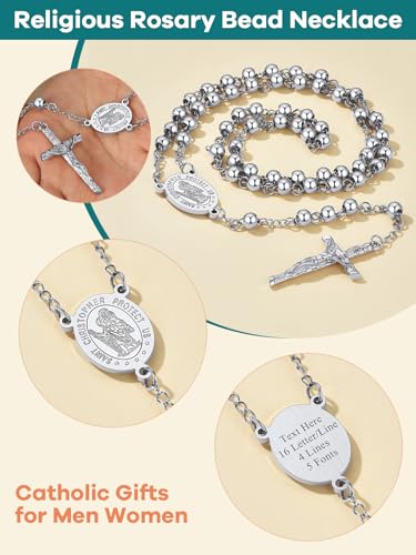 Supcare Rosary for Men Women Catholic Necklace Rosary Beads Customized - color: E01-Christopher Silver