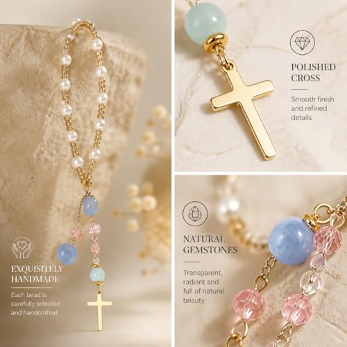 Natural Jade Cross Car Hanging Ornament – Rearview Mirror Suncatcher with Glass Beads and Pearl Accents, Car Decor, Window Balcony Keychain