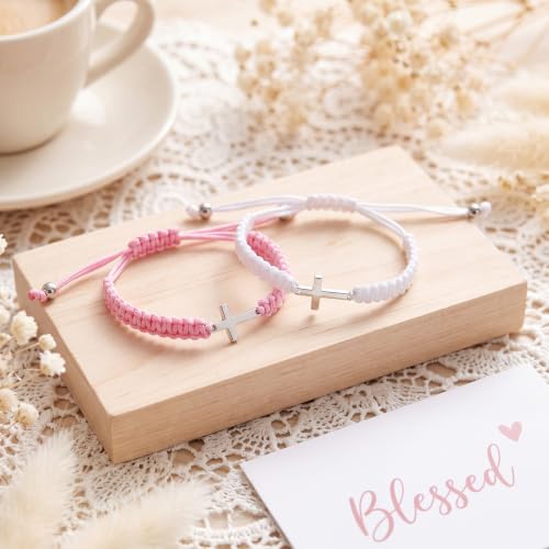 Sureio 2 Pcs Christian Cross Matching Bracelets for Women Men - color: Pink White