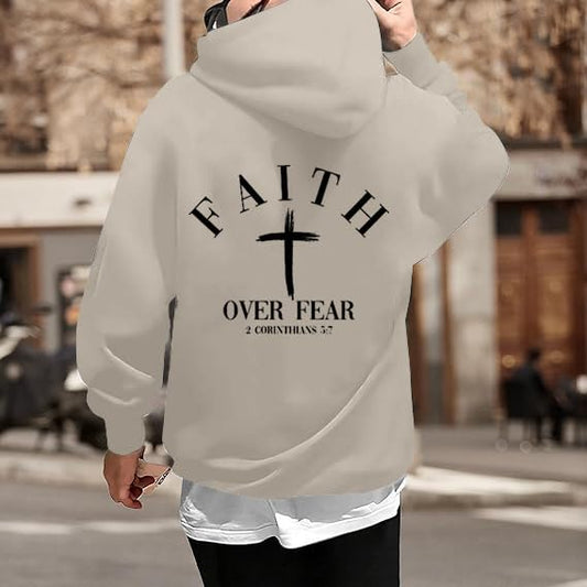 Men Faith Over Fear Christian Cross Graphic Pullover Hoodie - color: Apricot, size: X-Large