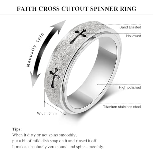 Fidget Toys Adults Spinner Women, Cross Anxiety Relief Stainless Steel Dual Layers Thumb Jewelry Spinning Band Silver Gold Plated Size 6 7 8 9 10 (Silver-Cross, Size 7) - color: Silver-cross, size: Size 7