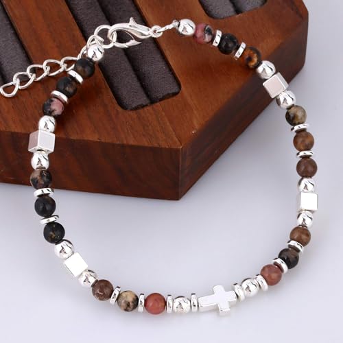 Beaded Bracelets for Women, Inspirational Natural Gemstone Bracelets Graduation Mothers Day Christmas Birthday Gifts for Mom, Daughter, Granddaughter, Wife, Sister, Best Friend - color: Rhodonite, style: Cross