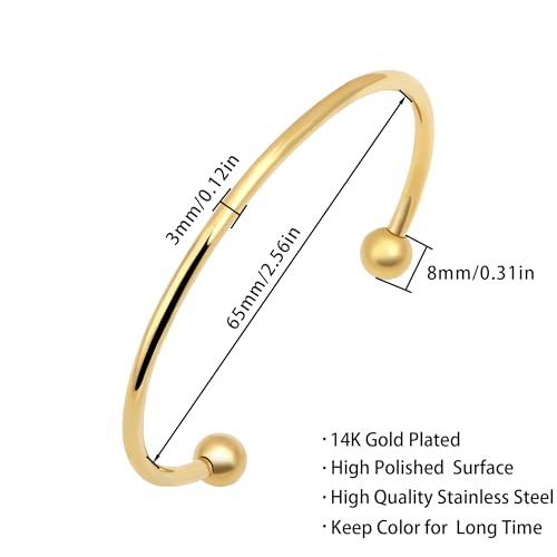 Stainless Steel Simple Cuff Bangle Bracelets for Women Gold/Silver/Rose Gold Plated Torque Bangles 3mm Stacking Open Cuff Bangles 2 Pcs/lot Gifts Jewelry for Women Men (Inner=60mm) - color: Gold tone, size: Inner Dia=65mm