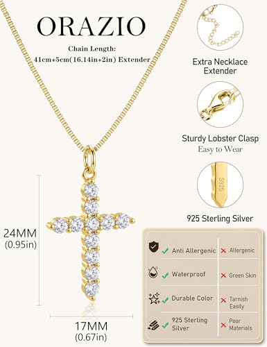ORAZIO Cross Necklace for Women, Sterling Silver Cross Pendant - color: Gold Plated-Box-CZ