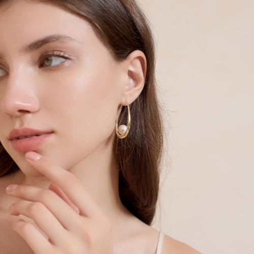 Lightweight Teardrop Hoop Earrings for Women - 14k Gold/White Gold Plated Large Oval Pull Through Hoop Earrings High Polished Statement Jewelry Gift for Women - color: Gold Pearl