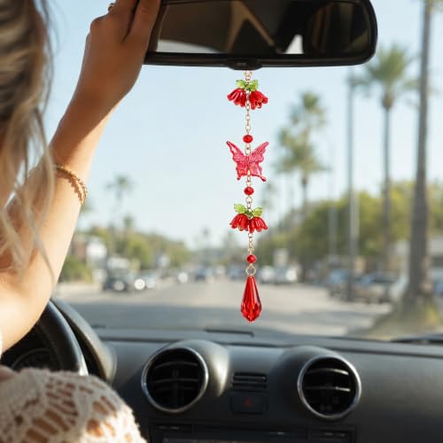 Butterfly Flower Car Rearview Mirror Charm Red Lily of Valley - color: Red - Butterfly