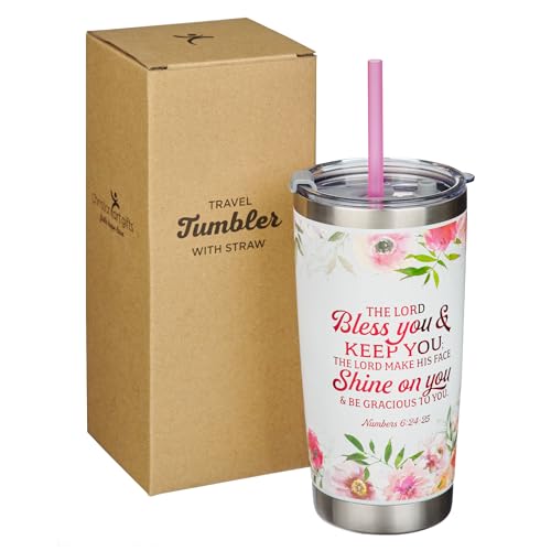 Christian Art Gifts Stainless Steel Double-Wall Vacuum Insulated Tumbler w/Straw & Lid 18 oz Pink Floral Inspirational Bible Verse Travel Mug for Women- Bless You and Keep You -Numbers 6:24-25 - color: Multicolor/Bless You