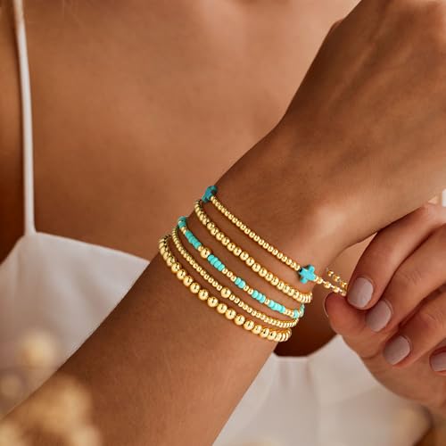 Turandoss 5PCS Gold Beaded Bracelets for Women Teen Girls, 14K Gold Plated - color: 5PCS Turquoise Cross Beaded Bracelets