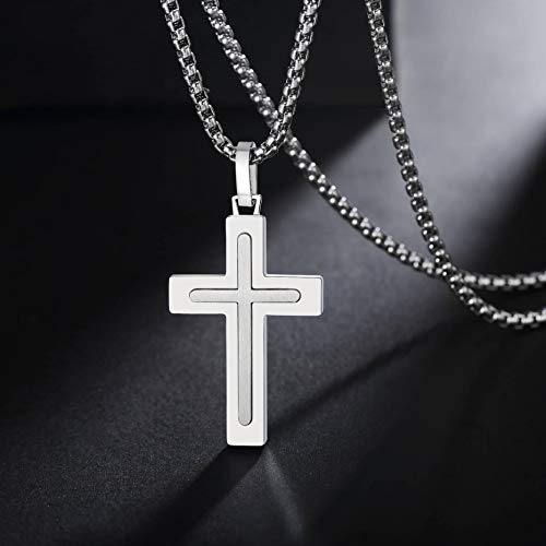 Men's Stainless Steel Cross Necklace,Two-Tone Black & Blue Carbon Fiber Pendant - Included Gift Box - style: Silver XL003