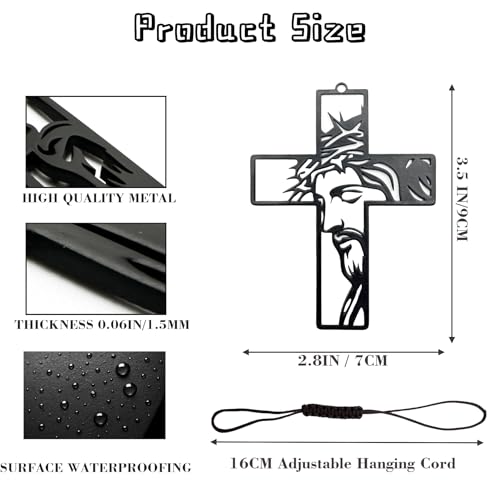 Matte Black Iron Religious Hanging Ornaments – Decorative Cross, Heart, and Faith-Inspired Symbols for Home or Auto Décor – Religious Gifts with Natural Brown Cord - color: Jesus