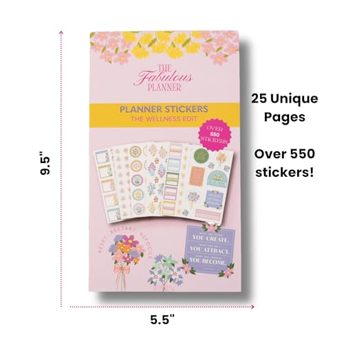 Wellness Sticker Book for Planners — 25 Sheets, 550+ Stickers | Habit Trackers, Motivational Quotes, Gratitude & Goal Trackers, Florals & Decor| Stickers for Planners, Journals & Scrapbooks