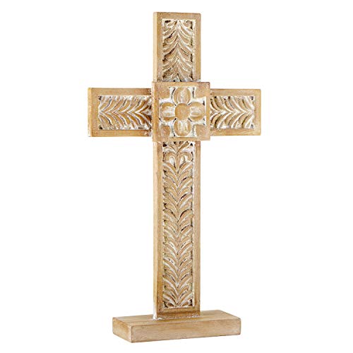 Creative Brands Faithworks - Whitewashed Wood Cross, 8 x 14-Inch, Carved Floral - Standing