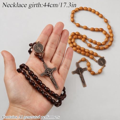 2 Pack Brown/Gray Rosary with Metal Pendant Necklace for Men