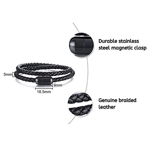 globi Leather Bracelet For Men | Genuine Wrap Braided Leather Cuff Bangle Bracelet with Magnetic Stainless Steel Clasp For Men/Women - color: Black