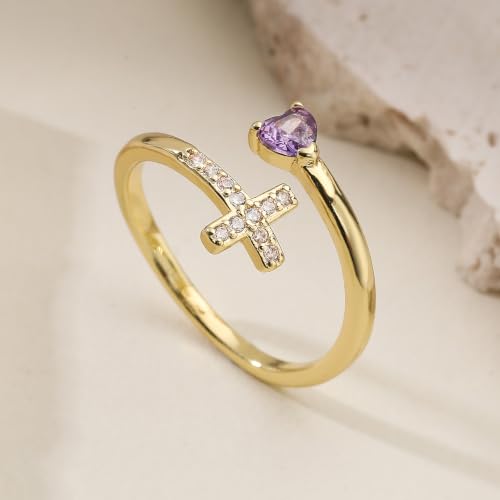 14K Gold Plated CZ Cross Heart Ring Eternity Promise Jewelry for Her - style: Purple Stone